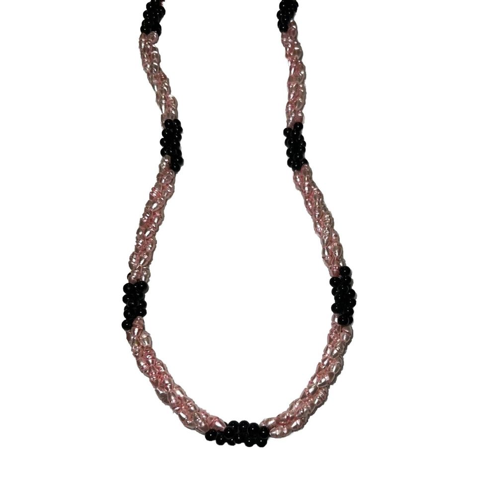 Vintage Triple Strand Necklace Pink & Black